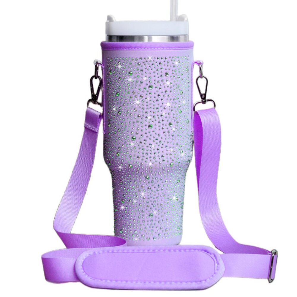 Purple Rhinestone Tumbler Holder Bag for a Bottle Mug